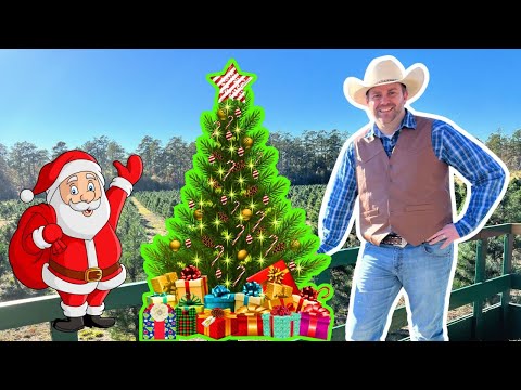 Cartoon Santa waving beside a decorated Christmas tree and colorful wrapped gifts, with a smiling cowboy standing on a sunny outdoor balcony.