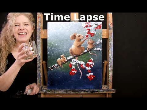 TIME LAPSE - Learn How to Paint BERRY PICKING MICE with Acrylic - Winter Animal Step by Step Lesson