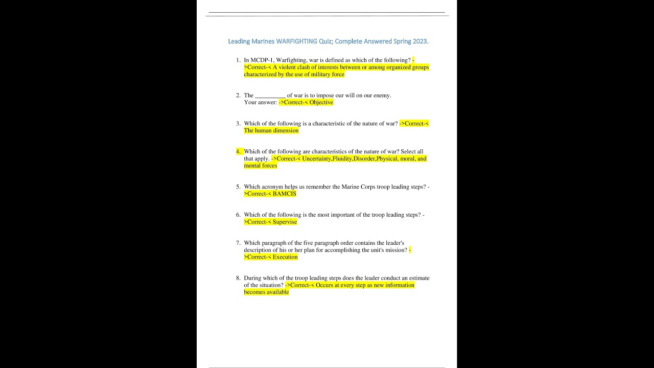 Summary Leading Marines WARFIGHTING Quiz; Complete Answered Spring 2023 pdf