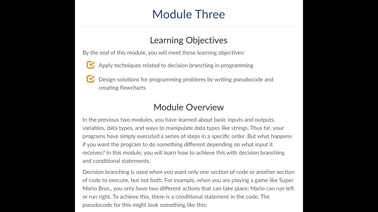 IT-140 Module Three Overview | Boolean | Conditions Statements | Pseudocode | Flowchart | Branching