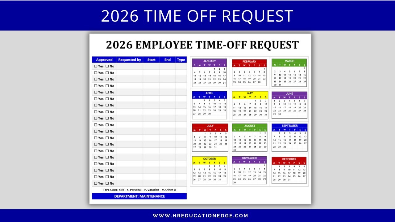 Employee Time Off Request Calendar 2026 - HR Templates / Manager & Supervisor Resources