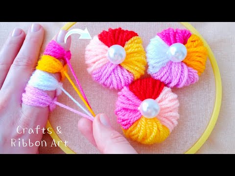 Super Easy Woolen Flower Craft Ideas with Finger -Hand Embroidery Amazing Flower Design -Sewing Hack