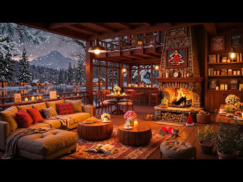 Warm November Winter Jazz at Cozy Winter Porch Ambience ⛄ Falling Snow & Jazz Music in Cozy Cabin