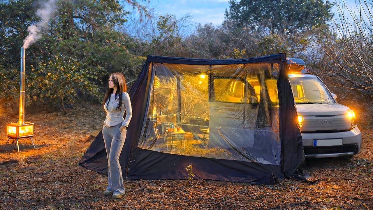 🍊 감귤밭 아늑한 어닝 텐트속에서 차박하기🚙 | 비어캔 치킨과 말차 감귤 케이크 만들어 먹기