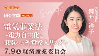 【国会アーカイブ】「電気事業法〜電力自由化と東電への外資参入リスク〜」参議院議員 櫻井祥子 国会質疑 令和8年7月9日 参政党