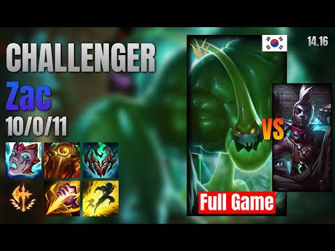 CHALLENGER Jungle Zac vs Ekko lol KR solo rank Full Game 14.16