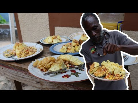 JERK BREADFRUIT Stuffed with Ackee and Saltfish. with Cashew banana juice.