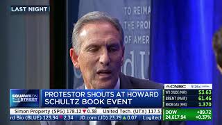 Fmr. Starbucks CEO Howard Schultz on Squawk Box getting yelled at by protester