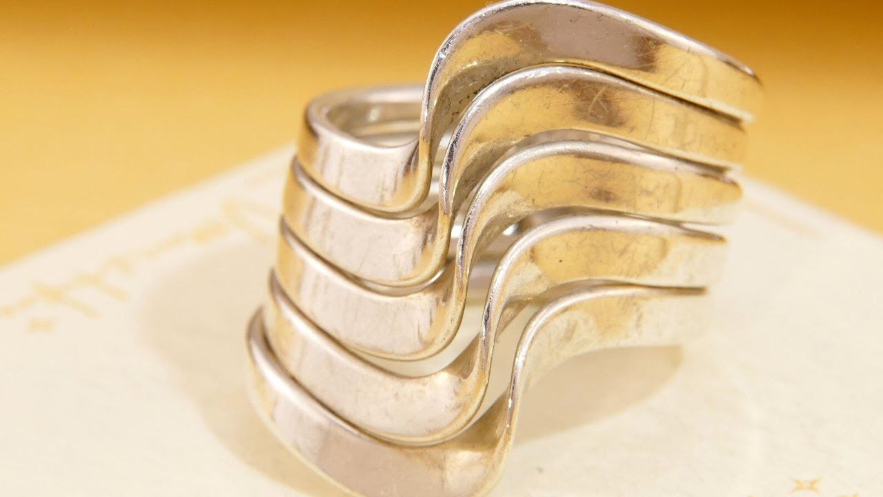 Modernist Wide Sterling Silver Stacked Wave Ring, Size M 6.5 52.5