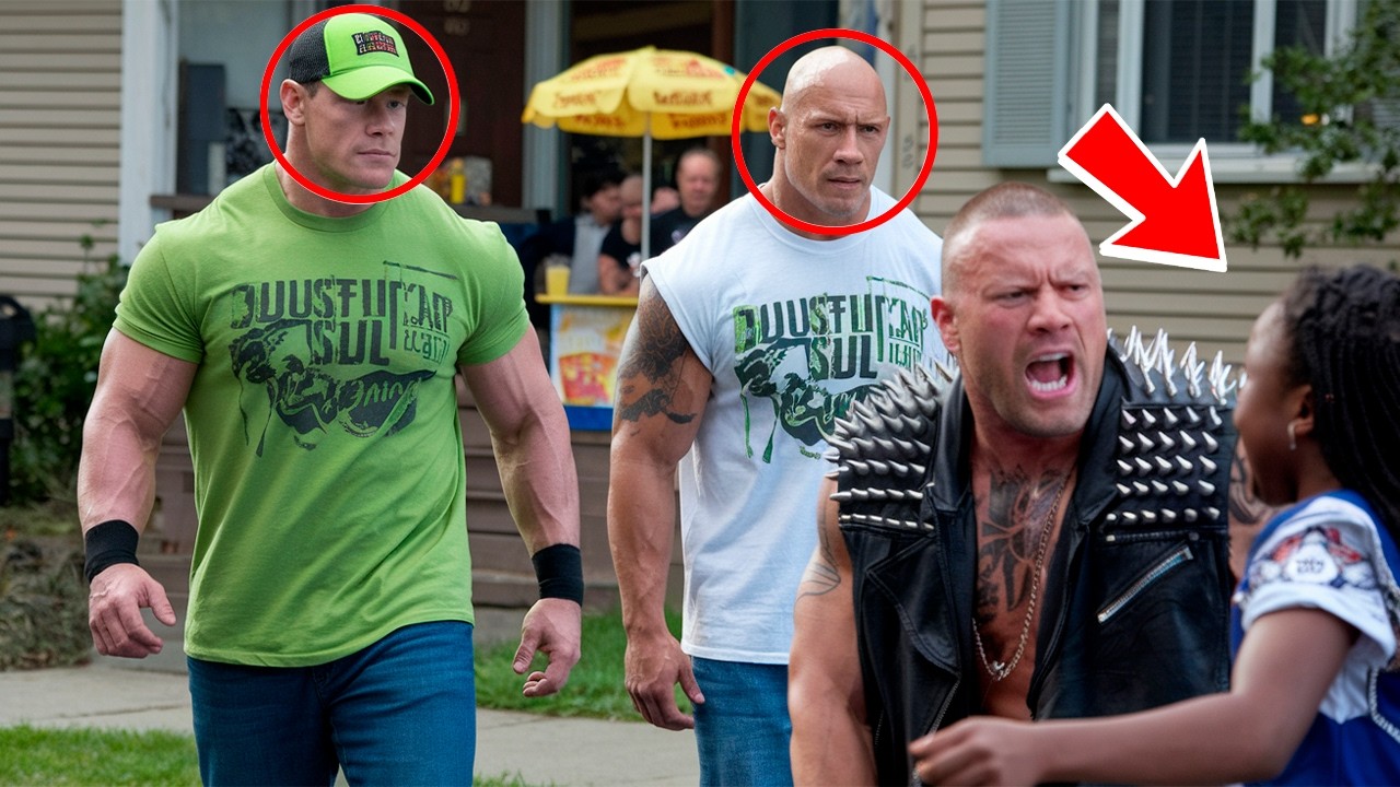 A biker attacked a girl selling lemonade. but when The Rock and John Cena intervened....