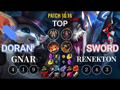 DRX Doran Gnar vs GRF Sword Renekton Top - KR Patch 10.16
