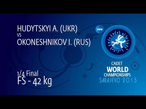 1/4 FS - 42 kg: I. OKONESHNIKOV (RUS) df. A. HUDYTSKYI (UKR) by TF, 10-0