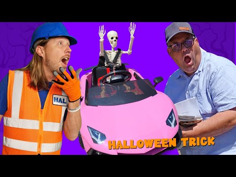 Two men react in a bright thumbnail: a construction worker and a surprised speaker stand beside a pink sports car with a skeleton figure inside, Halloween Trick text visible.