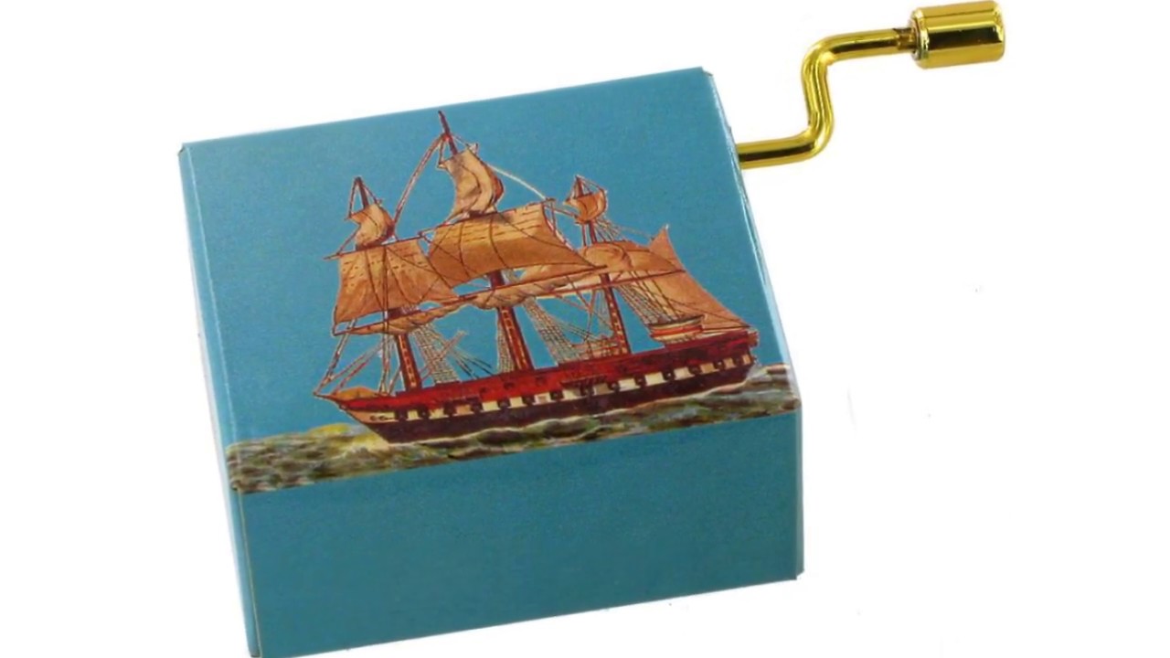 Boîte / boîtes à musique à manivelle en carton avec manivelles dorées sur le thème du voyage