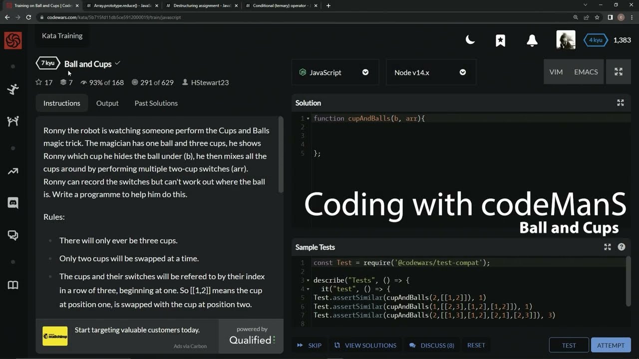 Codewars 7 kyu Ball and Cups Javascript