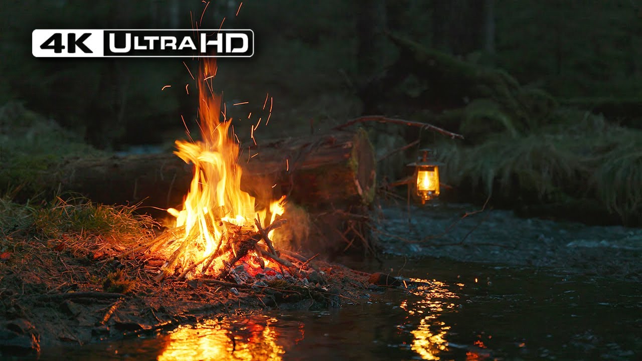 4K 📺 Campfire by the dark River 🌙 Soothing sounds of Nature