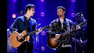 Shawn Mendes and Justin Timberlake performing &quot;What Goes Around Comes Around&quot; iHeart Festival 2018