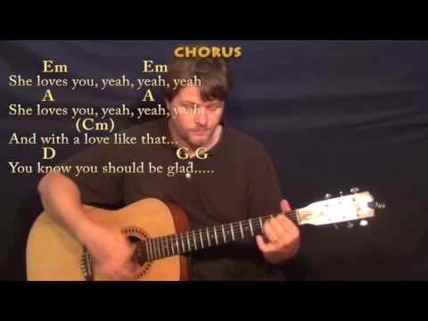 She Loves You (Beatles) Guitar Lesson Chord Chart with On-Screen Lyrics