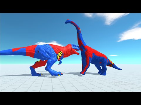 T Rex SuperMan vs Brachiosaurus X Man - T Rex Dino and Brachio Dino.