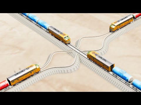 Impossible Wide Splitting Rail Tracks Vs Trains Crossing Giant Pit Crossover - BeamNG.Drive