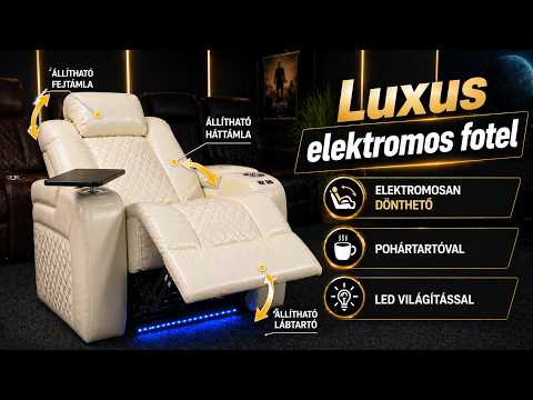 Luxus, egyszemélyes fekvőfotel, relax fotelágy elektromosan dönthető háttámlával, lábtartóval, pohártartóval és világítással barna bőr (L4630-3906) - Videó