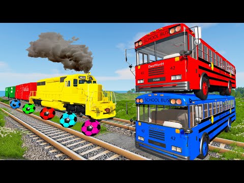 Double bus vs double rails and trains with flatbed trailer trucks - BeamNG Drive