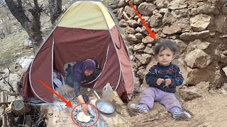Baking delicious bread in nature: the story of mother and his child in the mountains