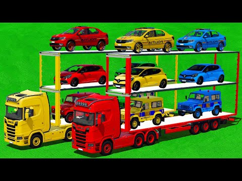 TRANSPORTING COLORED POLICE DACIA DUSTER & POLICE DACIA LOGAN WITH BUSES - Farming Simulator 22