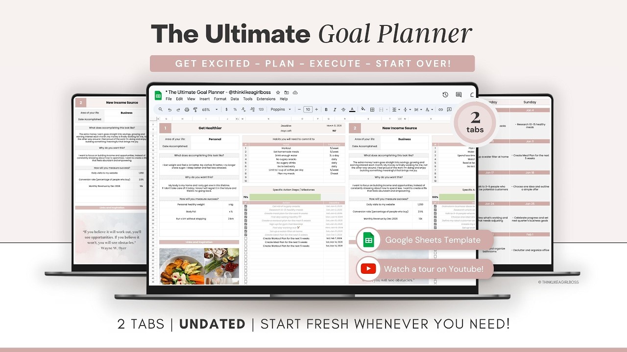 Ultimate 2026 Goal Planner - Google Sheets Digital Planner Template - Productivity Planner