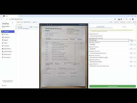Video demo Decifra: creazione modello, caricamento documento, revisione dati ed export Excel/CSV