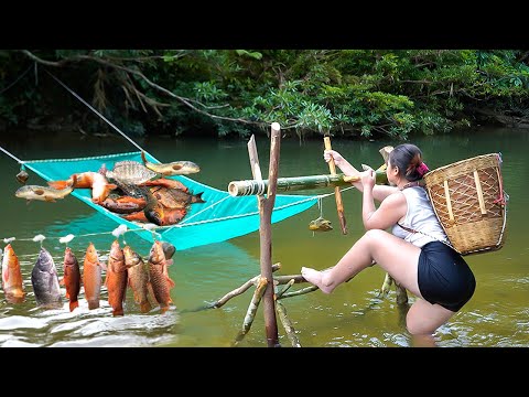 "full video 35 days Big victory with red carp, from full net to forest stream homemade fish trap"