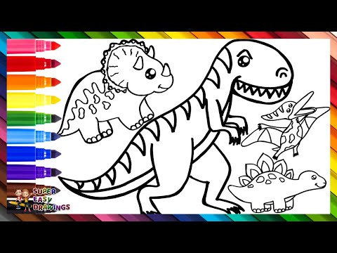 Drawing and Coloring 5 Dinosaurs 🦖🦕🌋 T-REX and More 🌈 Drawings for Kids
