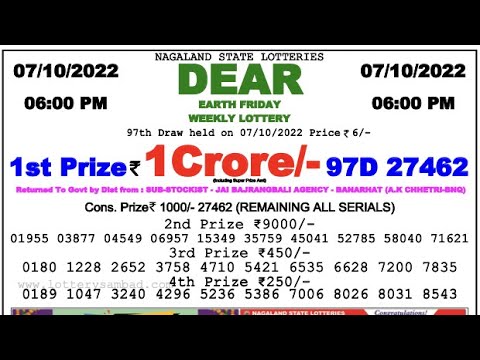 Nagaland DEAR Lottery 6PM  07/10/2022 Morning|Evening|Night Winning Number Oct 07, 2022