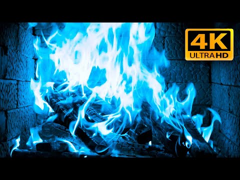🔥Blue FIRE 4K (no ads). Magic fireplace with crackling fire sounds