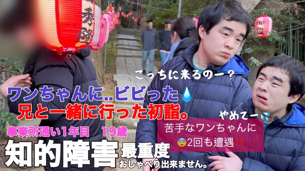 【知的障害・最重度】ワンちゃんにビビった兄と一緒に行った初詣。苦手なワンちゃんに2回も遭遇‼/事業所通い1年目　19歳/おしゃべりできません。