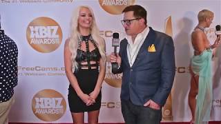 Elsa Jean is interviewed on the red carpet at the 2019 Xbiz Awards