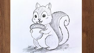 How to Draw a Cute Squirrel Holding an Acorn Step by Step || Easy Pencil sketch step by step drawing