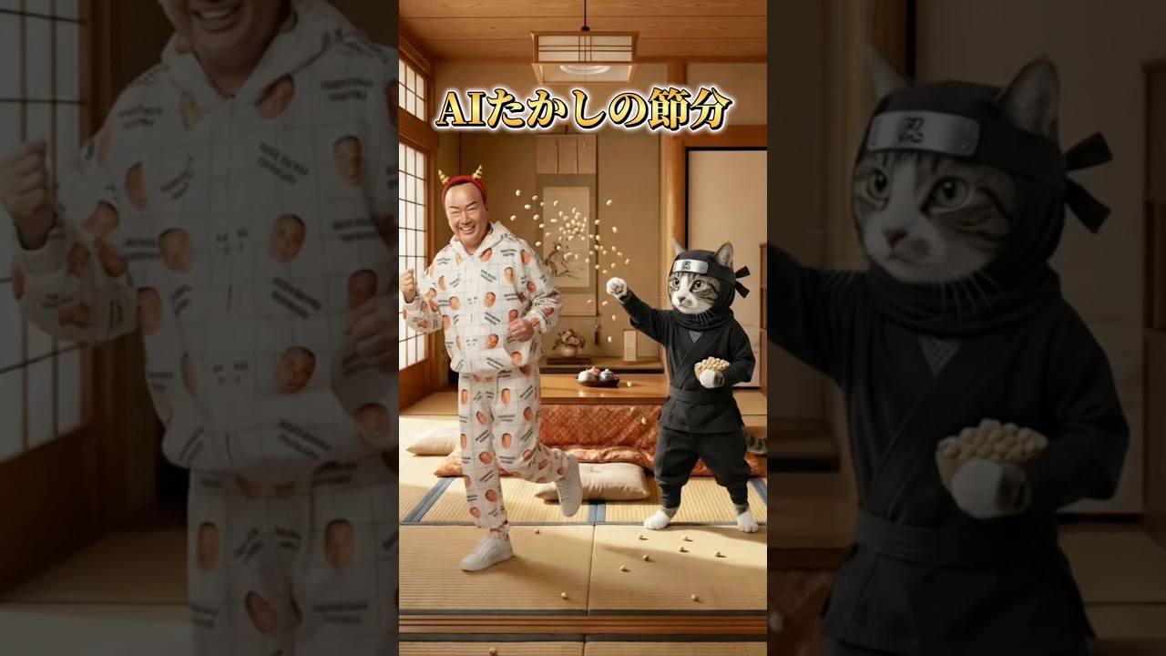 AI細川たかしの節分👹「カムイ岬」の忍者猫😽と、豆まき‼️鬼は外🫘