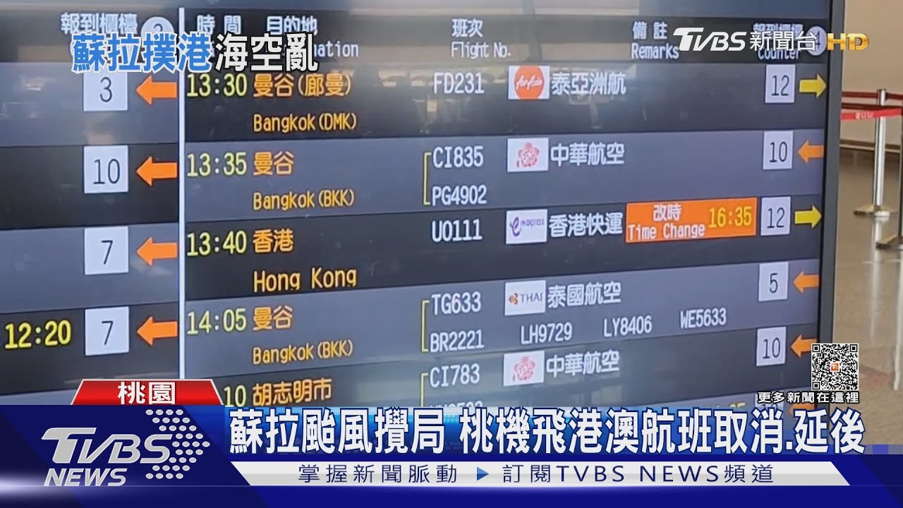 蘇拉颱風攪局 桃機飛港澳航班取消、延後