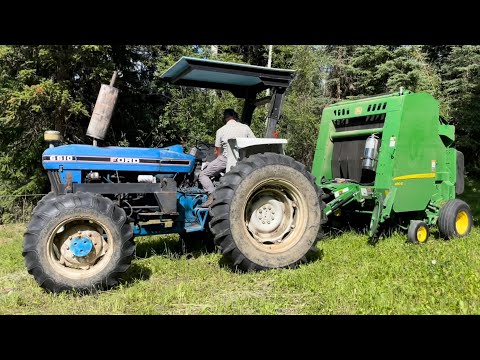 Baling Hay With An Old Tractor And New Baler | Ford 6610 | John Deere 450e | Also Featuring The Cows