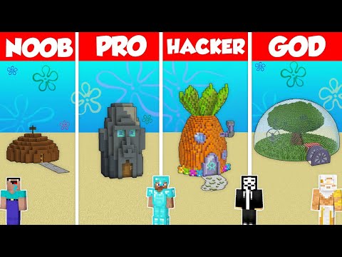 SPONGEBOB HOUSE BASE BUILD CHALLENGE - Minecraft Battle: NOOB vs PRO vs HACKER vs GOD / Animation