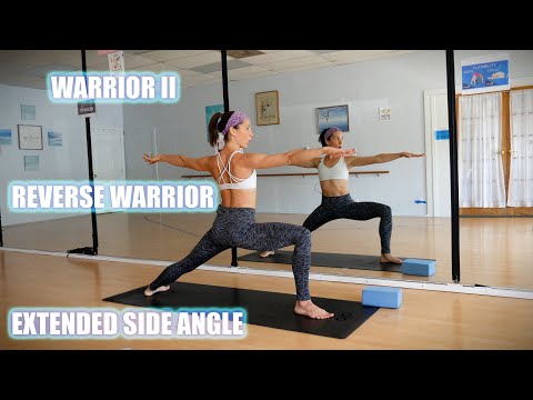 Krieger II, umgekehrter Krieger und erweiterte seitliche Winkelhaltung – detaillierte Ausrichtung...