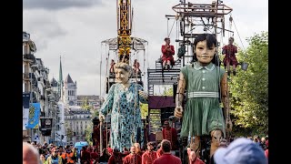 Giant puppets walk on Geneva streets La Saga des Géants Grand Mère  Petite Gèante a Switzerland