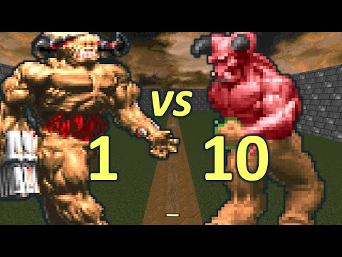 Cyberdemon vs 10 Barons of Hell - Monster Infighting - Doom Retro Battles