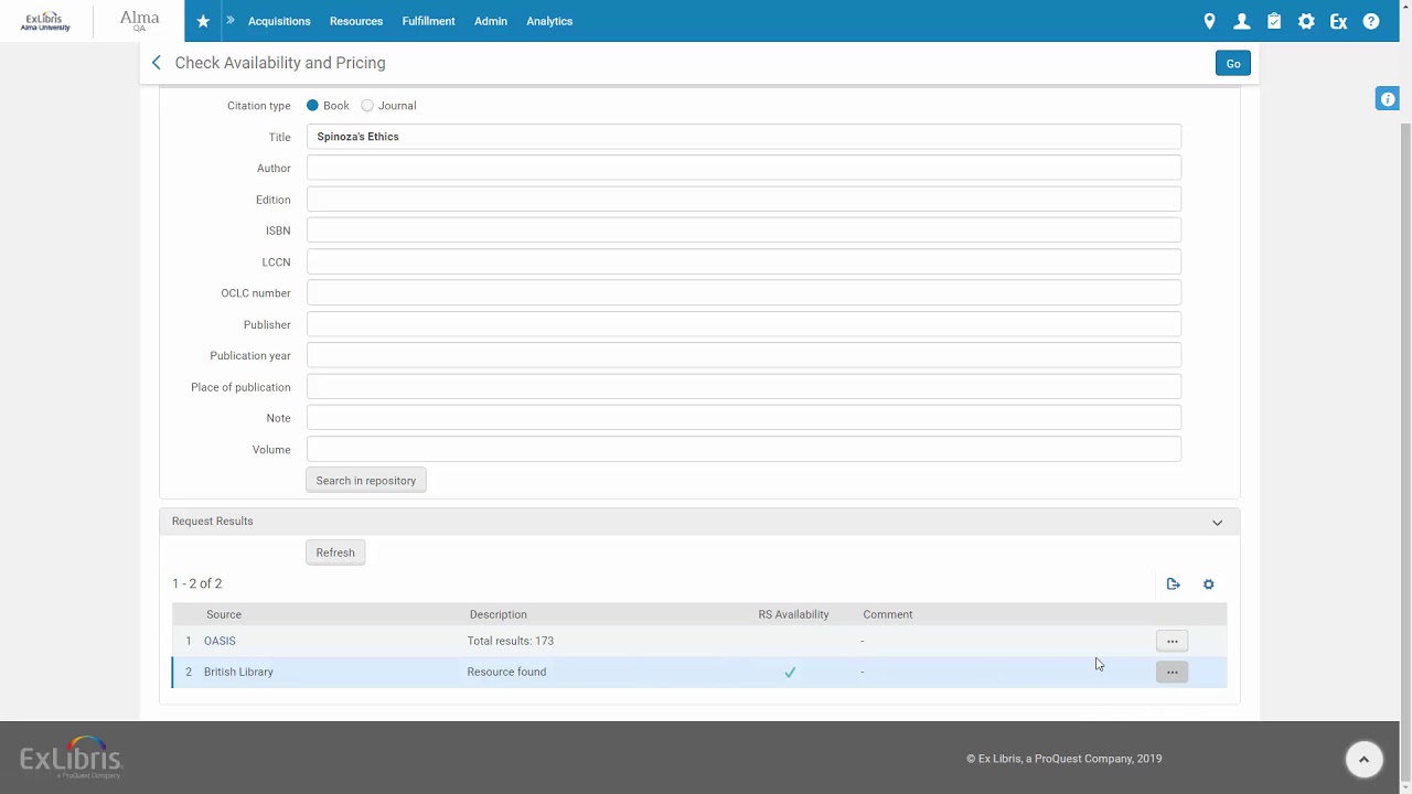 Alma March 2019: Check Availability and Pricing at Select External Vendors (OASIS, and More to Come)