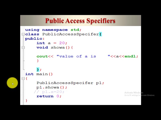 Thumbnail of Encapsulation, access specifiers (public, private, protected) lesson