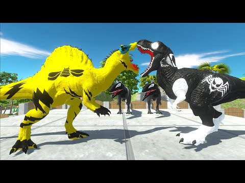 BUMBLEBEE SPINOSAURUS VS VENOM T-REX VS IRON MAN BRACHIOSAURUS - Animal Revolt Battle Simulator