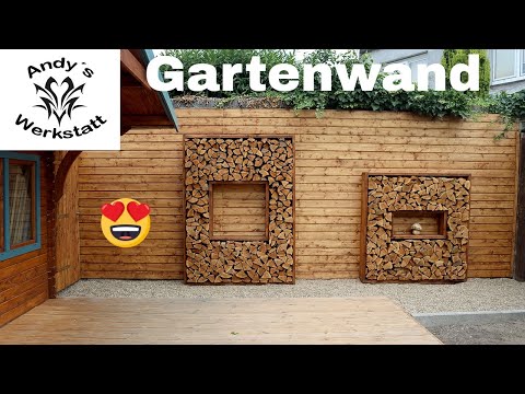 Mauer im Garten verschönern - Holzrahmen mit Holzscheiten / Deko diy