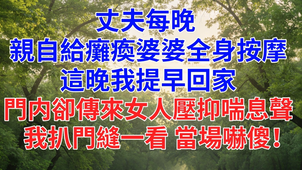 丈夫每晚 親自給癱瘓婆婆做全身按摩 這晚我提早回家 門内卻傳來女人壓抑喘息聲  我扒門縫一看 當場嚇傻！ #為人處世#故事#小說#生活經驗#情感故事#戀愛#情感#婚姻