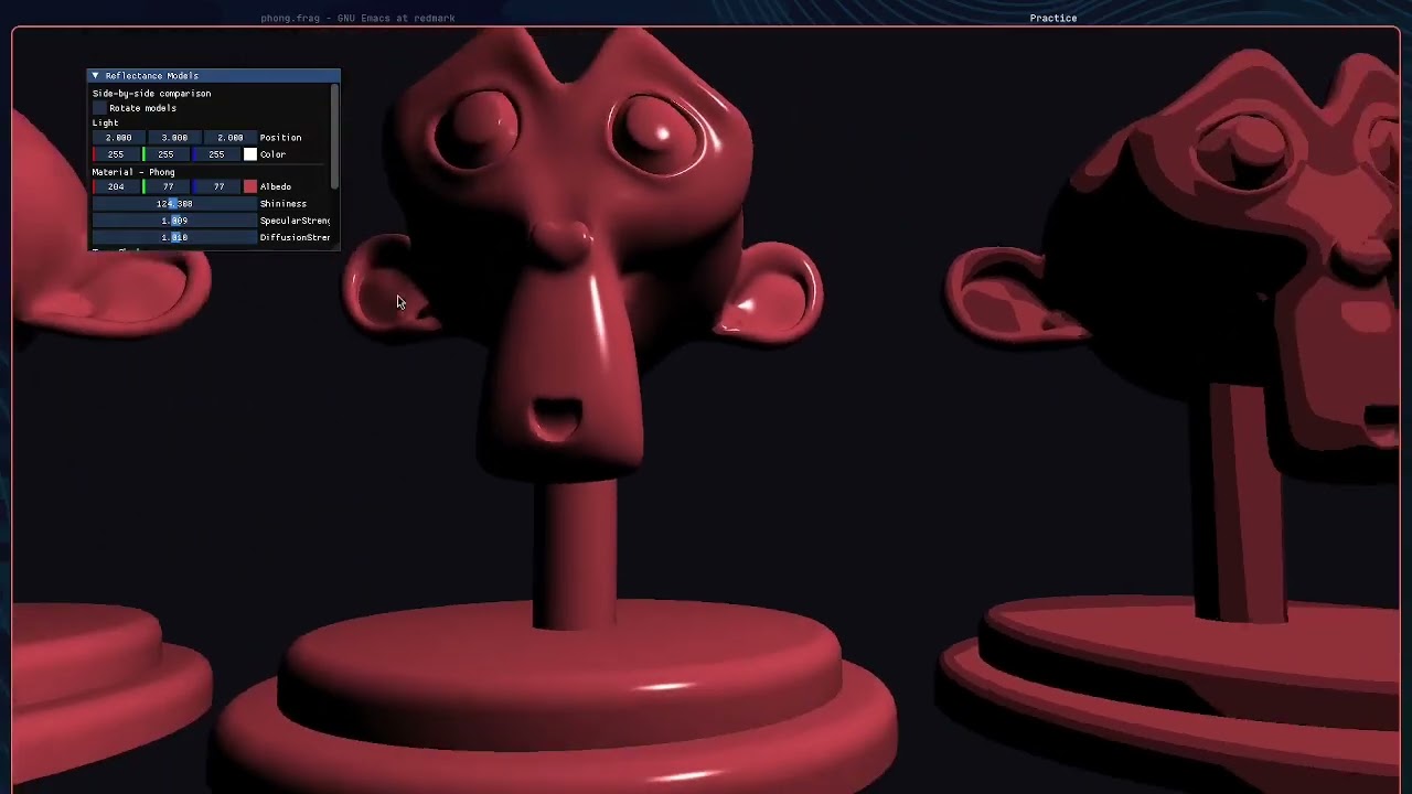 reflectance models side by side: phong, toon, and pbr